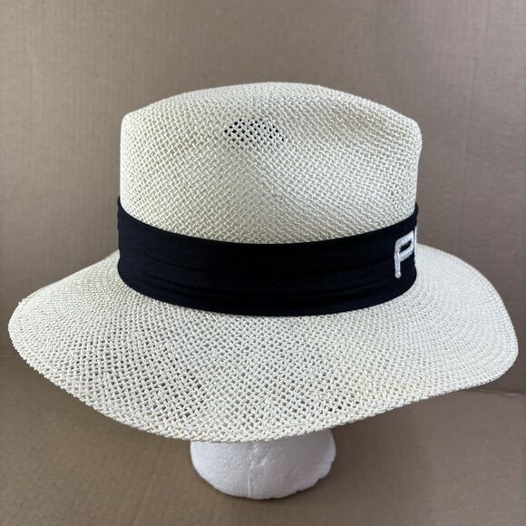 Vintage 90s PING Golf Black Karsten Men's Straw Panama Sun Hat Cap USA Small - Picture 3 of 11